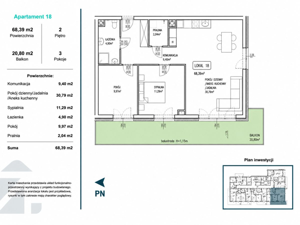 Floor plan of apartment 18: total 68.39 m2 with a 20.8 m2 balcony; rooms include living/kitchen 30.79 m2, bedroom 11.29 m2, another room 9.97 m2, bathroom 4.9 m2, laundry 2.04 m2.
