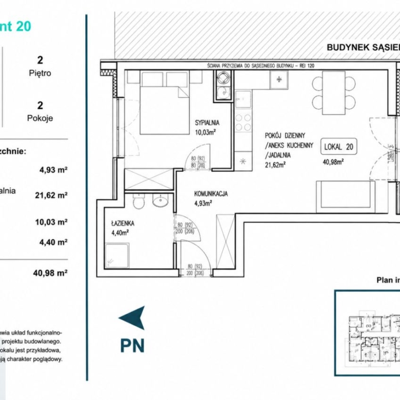 Floor plan of Apartment 20: 40.98 m² living space, 2 rooms, with 3.39 m² balcony; layout shows living room/kitchen, bedroom, bathroom, and balcony access.