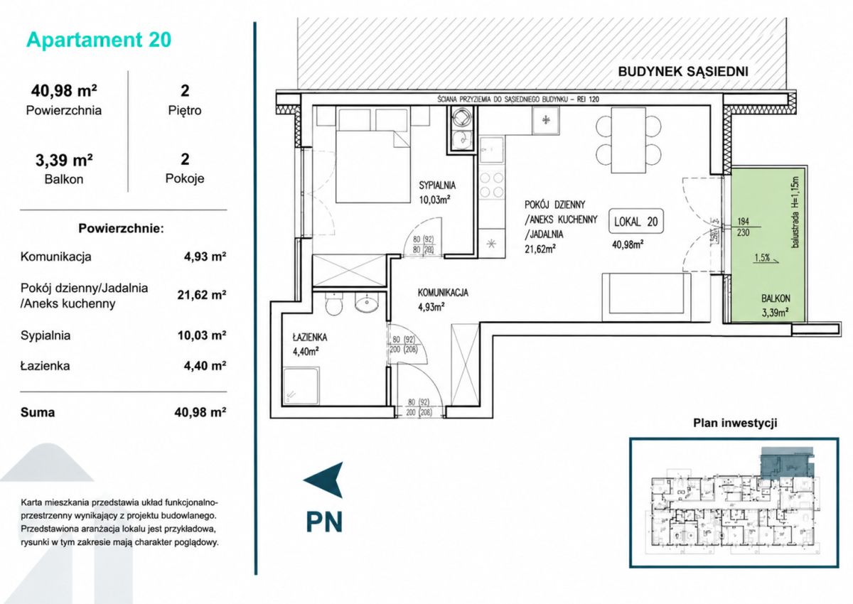 Floor plan of Apartment 20: 40.98 m² living space, 2 rooms, with 3.39 m² balcony; layout shows living room/kitchen, bedroom, bathroom, and balcony access.