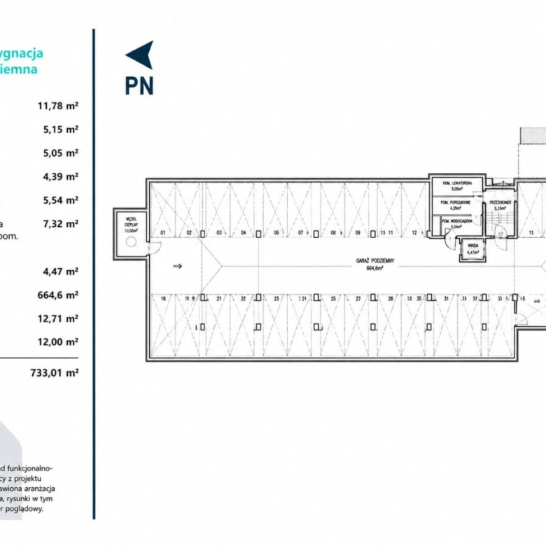 Underground garage floor plan with left legend showing room names and square meter areas, total 733.01 m². Includes PN logo on the top left and layout details to the right.