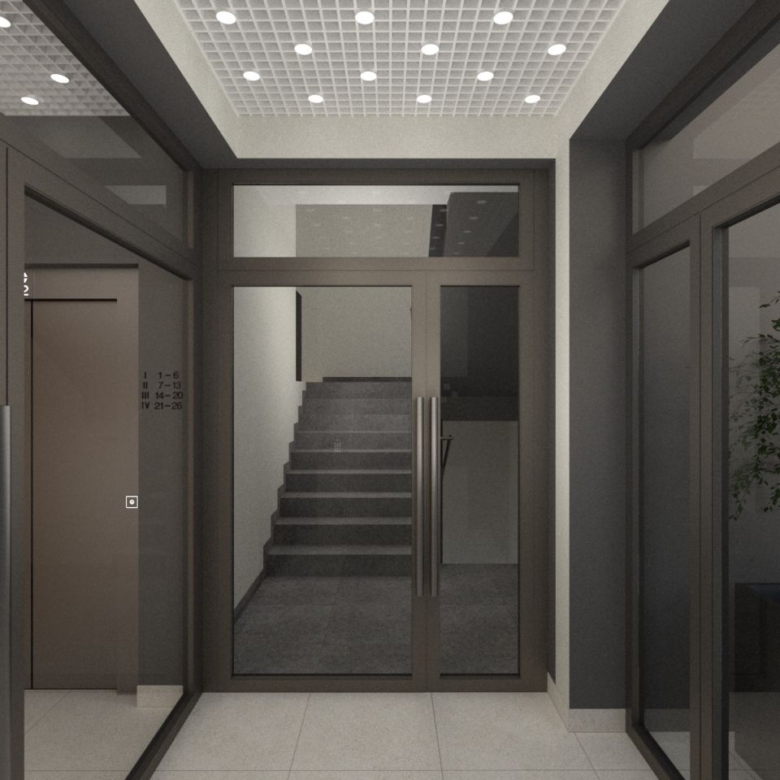 Modern lobby entrance with glass doors opening to a visible stairwell, tiled floor and grid ceiling lights in a contemporary building.