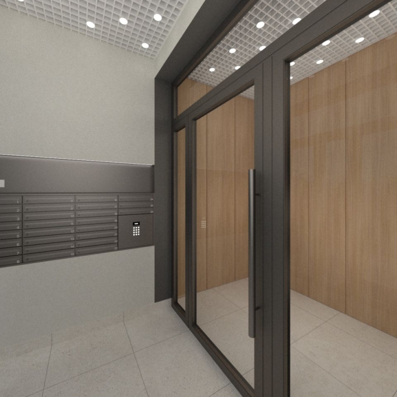 Modern building lobby with a dark metal-framed glass door and wooden wall panels, plus row of wall-mounted mailboxes on the left.