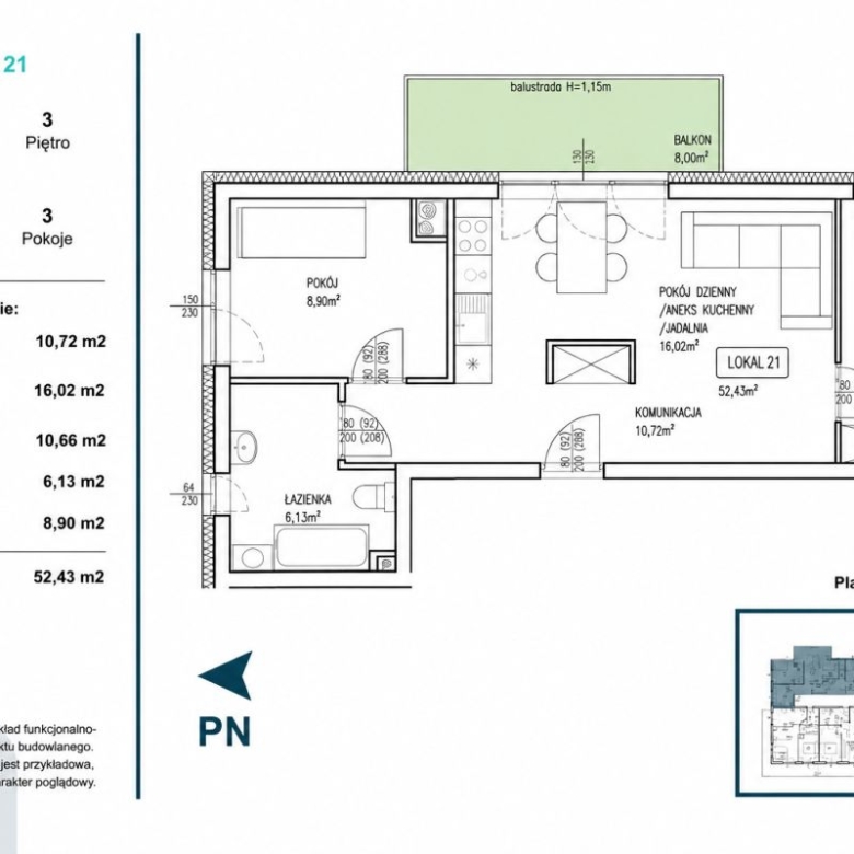 Floor plan of apartment 21 showing living space with kitchenette, two rooms, bathroom, and balcony.