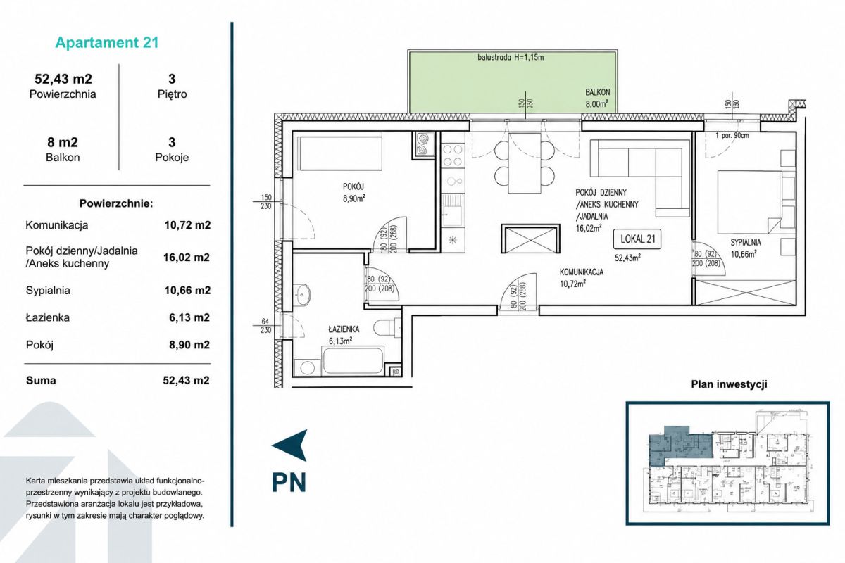 Floor plan of apartment 21 showing living space with kitchenette, two rooms, bathroom, and balcony.