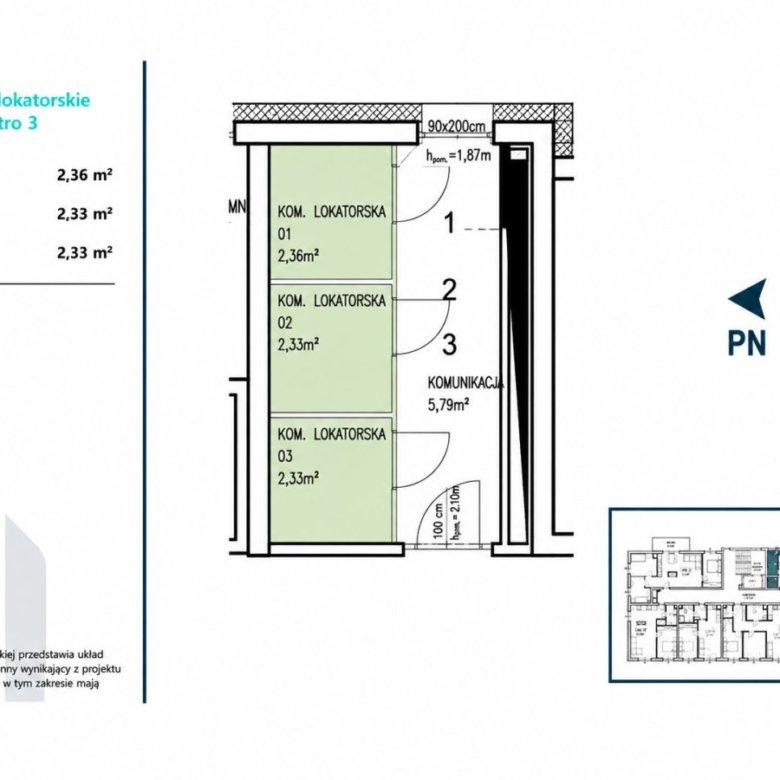 Layout of Level 3 storage rooms with three rooms (01–03) and a 5.79 m² corridor; room sizes 2.36, 2.33, and 2.33 m².