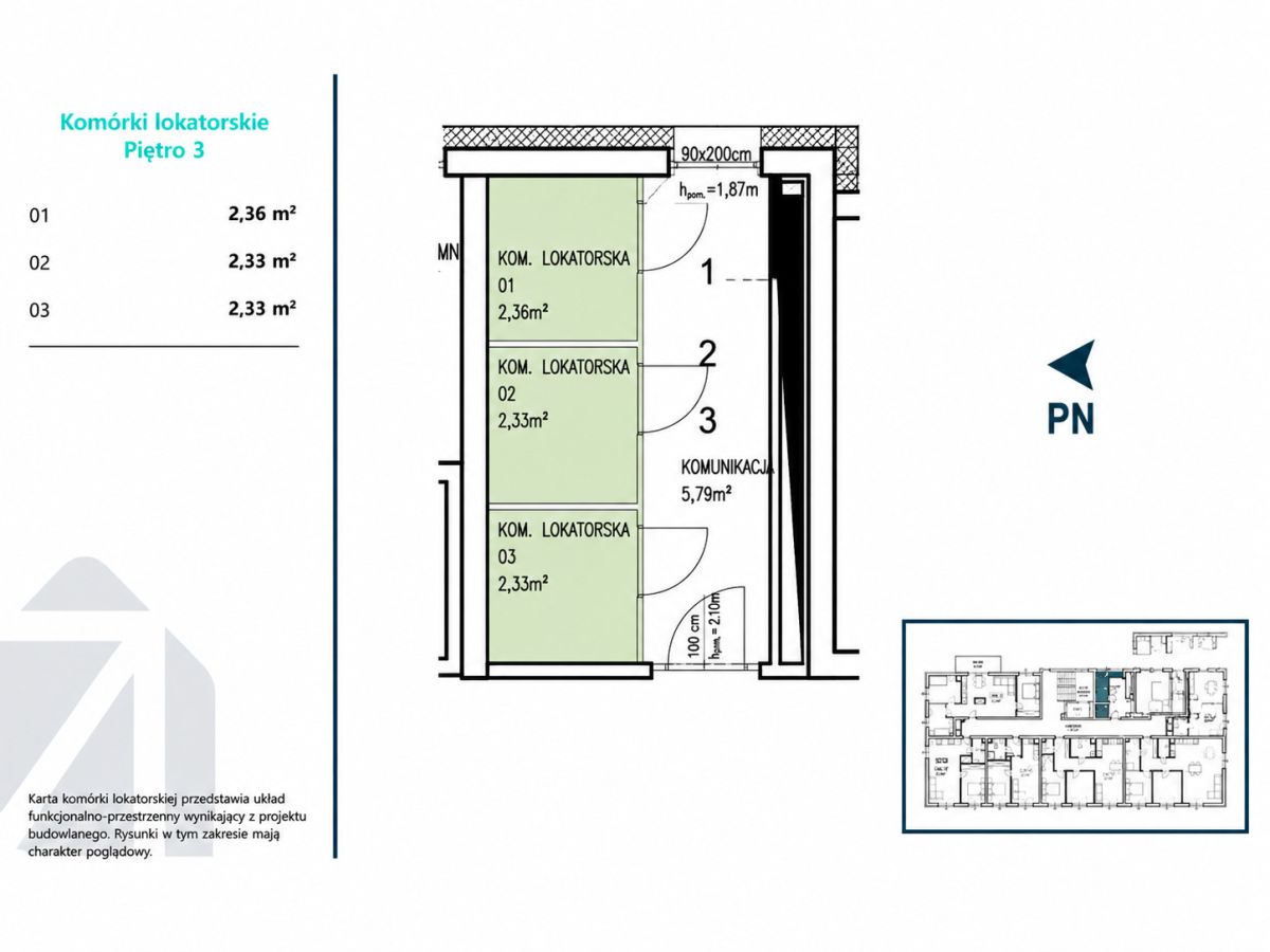 Layout of Level 3 storage rooms with three rooms (01–03) and a 5.79 m² corridor; room sizes 2.36, 2.33, and 2.33 m².