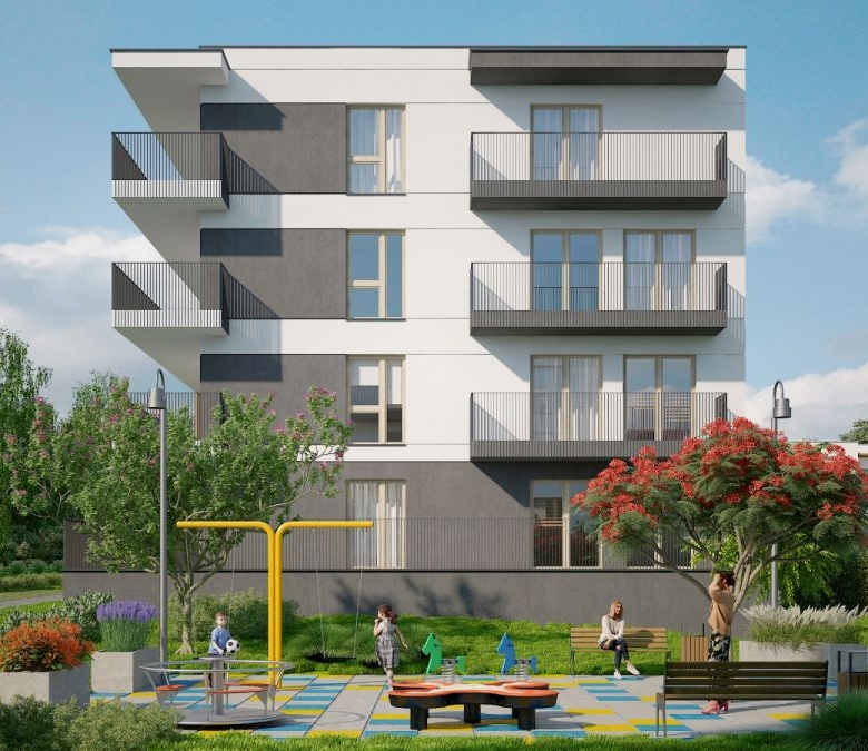 Modern four-story apartment building with balconies overlooking a green park and a children's playground in front.