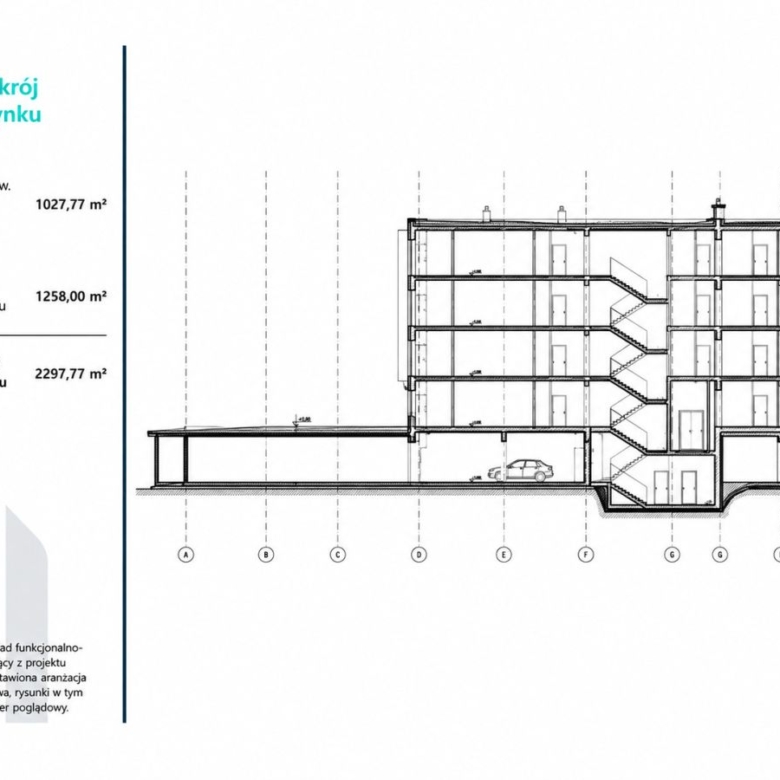 Cross-section of a multi-story building showing parking level, stairwells, and five upper floors; left side includes Polish legend 'Przekrój budynku' and area figures.