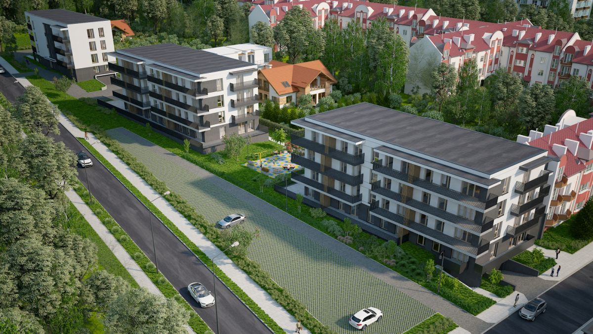 A 3D rendering of a modern apartment complex with three multi-story buildings, green lawns, and a tree-lined street nearby.