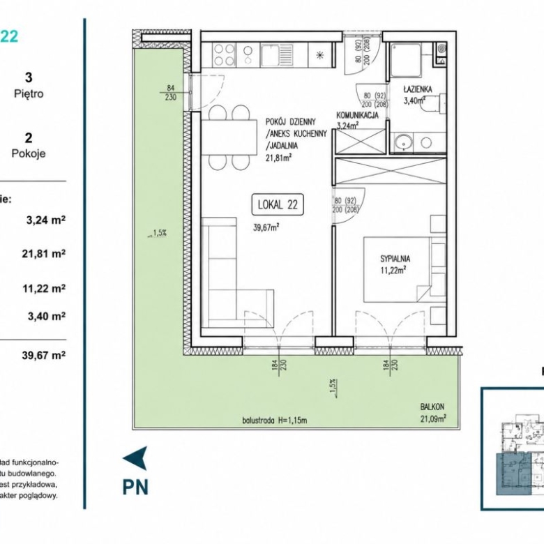 Floor plan of Apartment 22: living area with kitchenette, bedroom, bathroom, and a 21.09 m² balcony; total 39.67 m².