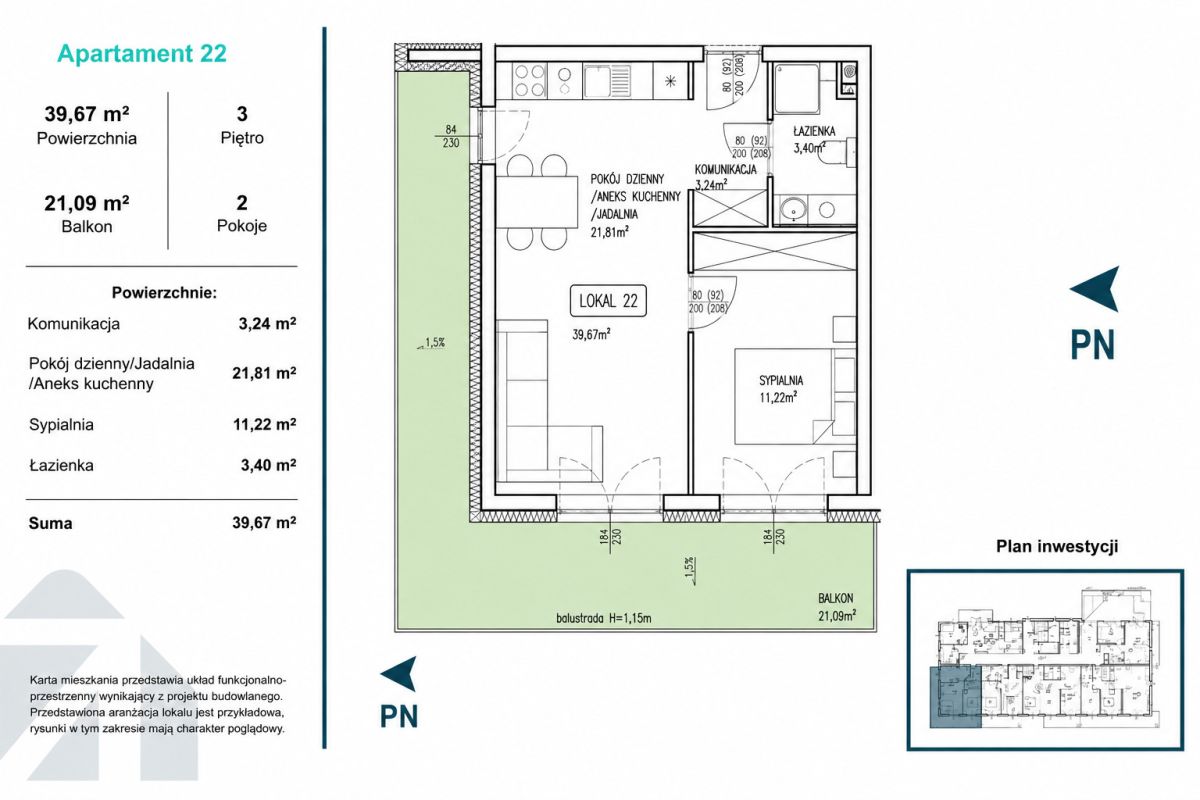 Floor plan of Apartment 22: living area with kitchenette, bedroom, bathroom, and a 21.09 m² balcony; total 39.67 m².