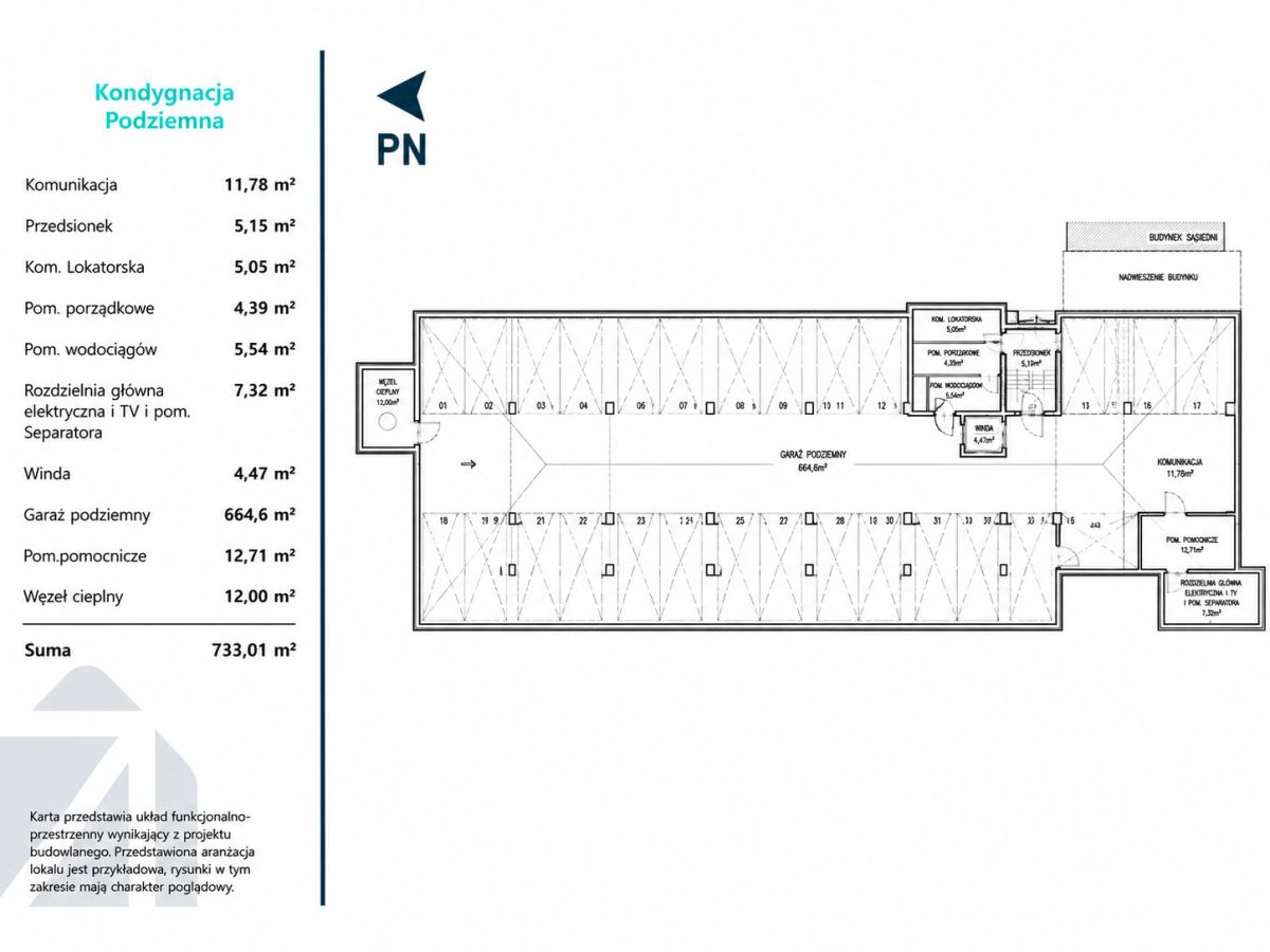 Underground parking level floor plan with labeled areas and total area 733.01 m2 (Kondygnacja Podziemna) and PN logo on the left.