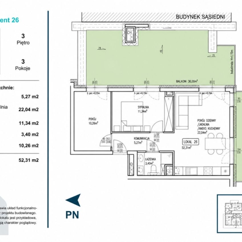 Apartment plan for Lokal 26: 52.31 m2 of living space on 3rd floor, 3 rooms with two balconies totaling 36.00 m2; includes living room with kitchenette, two bedrooms, and bathroom.