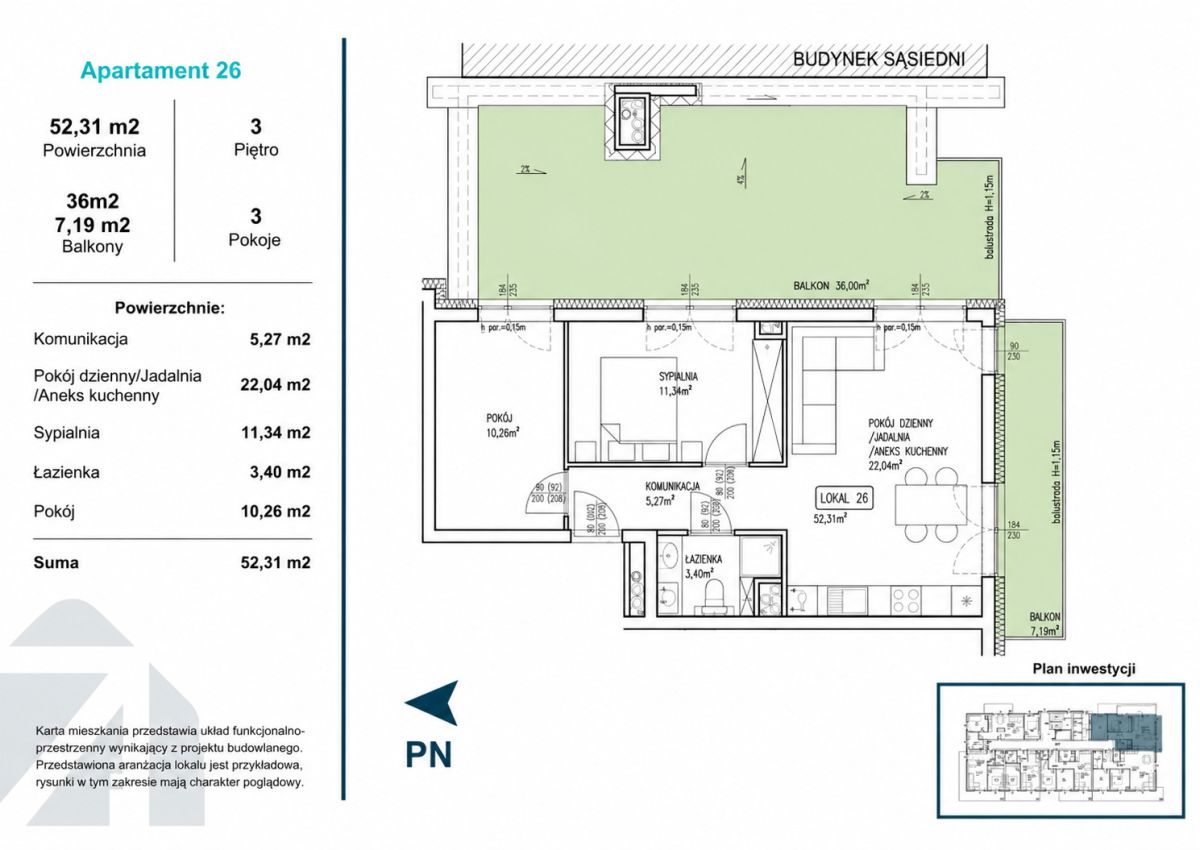 Apartment plan for Lokal 26: 52.31 m2 of living space on 3rd floor, 3 rooms with two balconies totaling 36.00 m2; includes living room with kitchenette, two bedrooms, and bathroom.