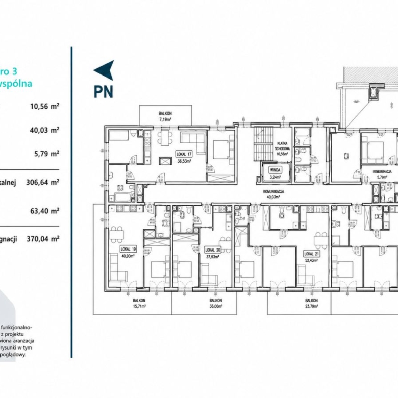 Floor plan of Level 3 common area in Polish: lists of room areas (m2) and apartment layout with balconies and PN logo on left.