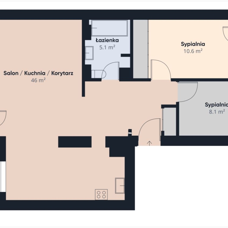 Floor plan of an apartment: open-plan living/kitchen area (46 m²) with two bedrooms and two balconies; bathroom nearby.