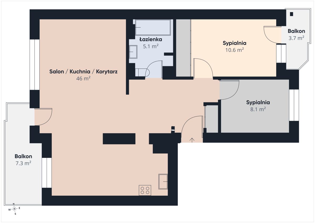 Floor plan of an apartment: open-plan living/kitchen area (46 m²) with two bedrooms and two balconies; bathroom nearby.
