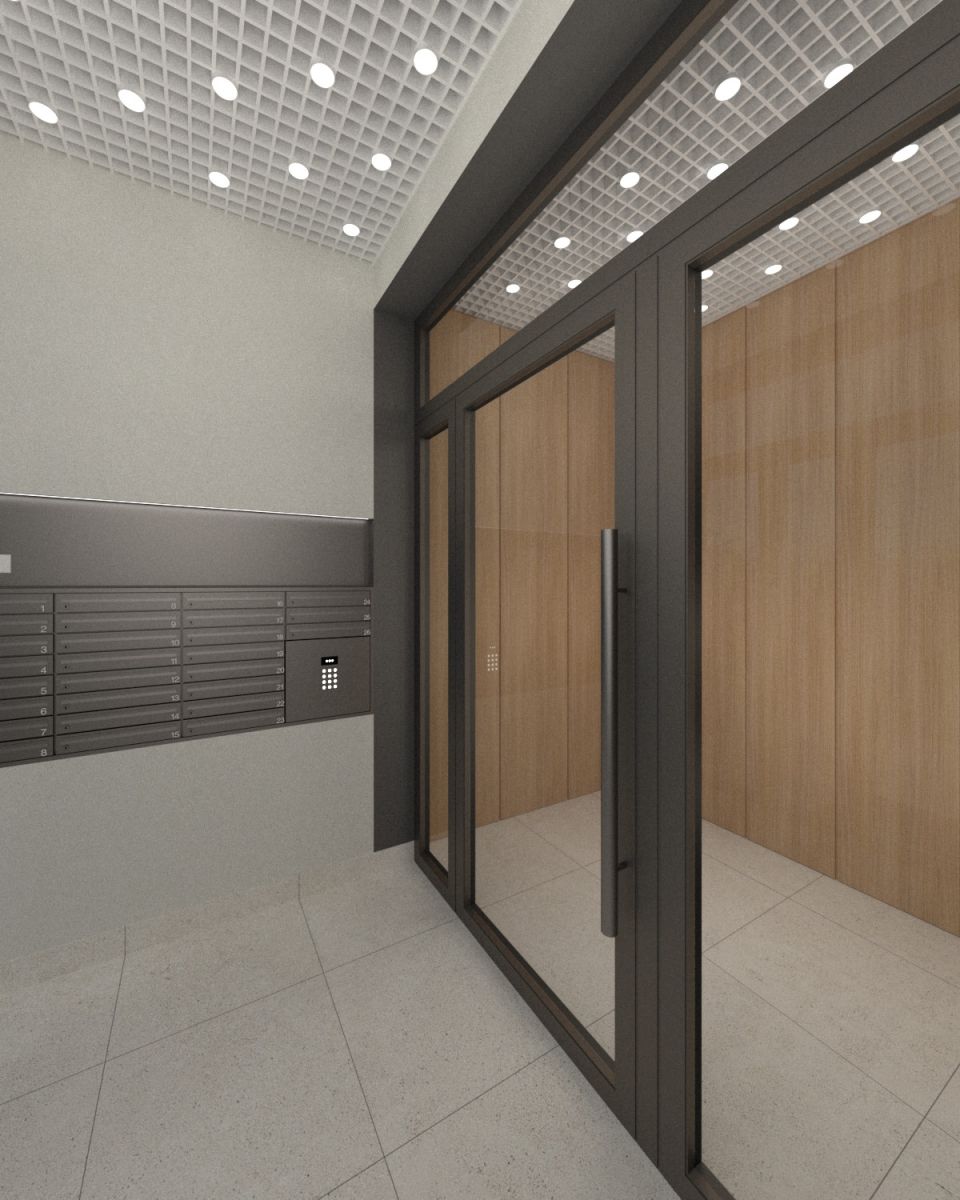 Glass-framed double doors in a modern lobby, with wooden wall panels and a row of mailboxes on the left; tiled floor beneath a grid ceiling.