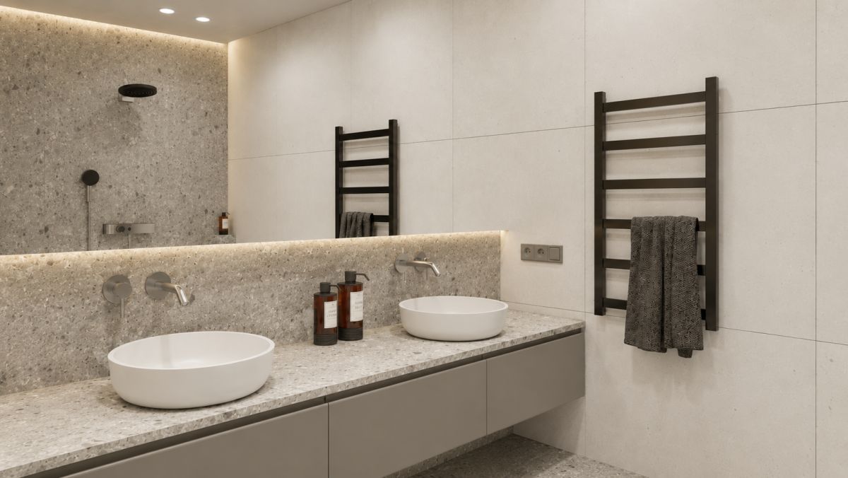 Modern bathroom vanity with two white round vessel sinks on a speckled gray countertop, wall-mounted faucets, and a dark ladder-style towel rack on the right.
