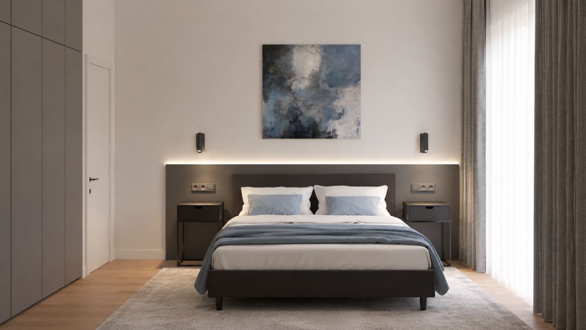 Modern bedroom with a low dark bed, gray headboard, white/blue bedding, two nightstands, and a blue abstract painting above the bed.