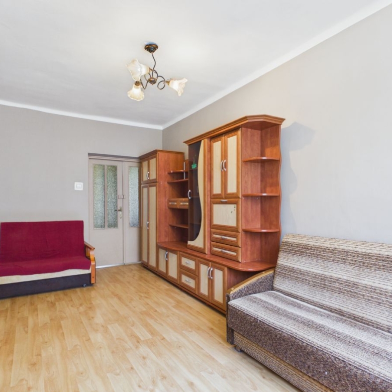 Living room with a brown patterned sofa on the right, a red-throw armchair near the door, and a large wooden wall unit with cabinets and open shelves along the back wall, light wood flooring, and a ceiling light fixture.
