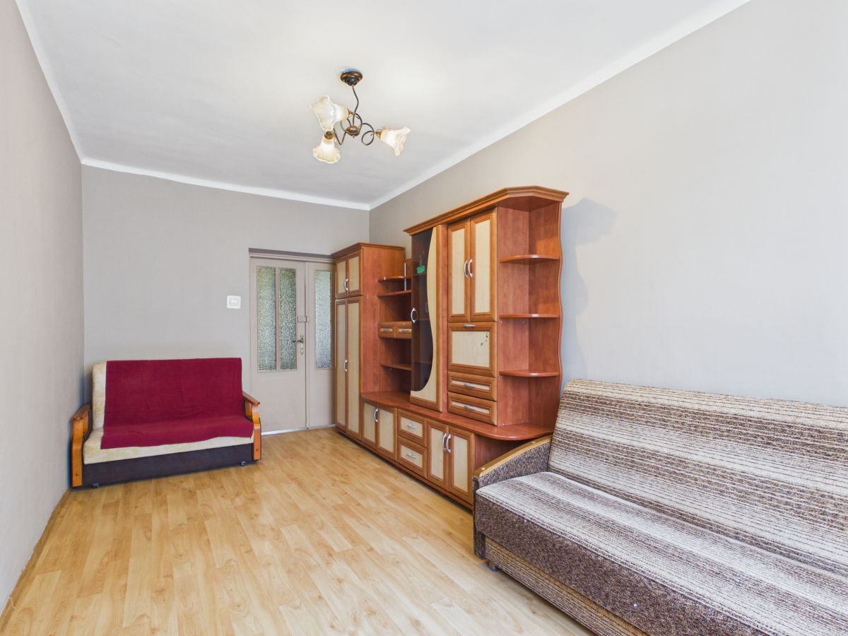 Living room with a brown patterned sofa on the right, a red-throw armchair near the door, and a large wooden wall unit with cabinets and open shelves along the back wall, light wood flooring, and a ceiling light fixture.
