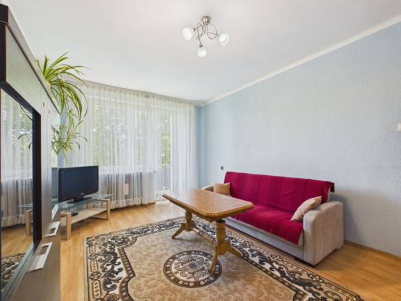 Living room with a red-covered sofa, wooden coffee table, and ornate beige rug facing a TV on a glass stand.