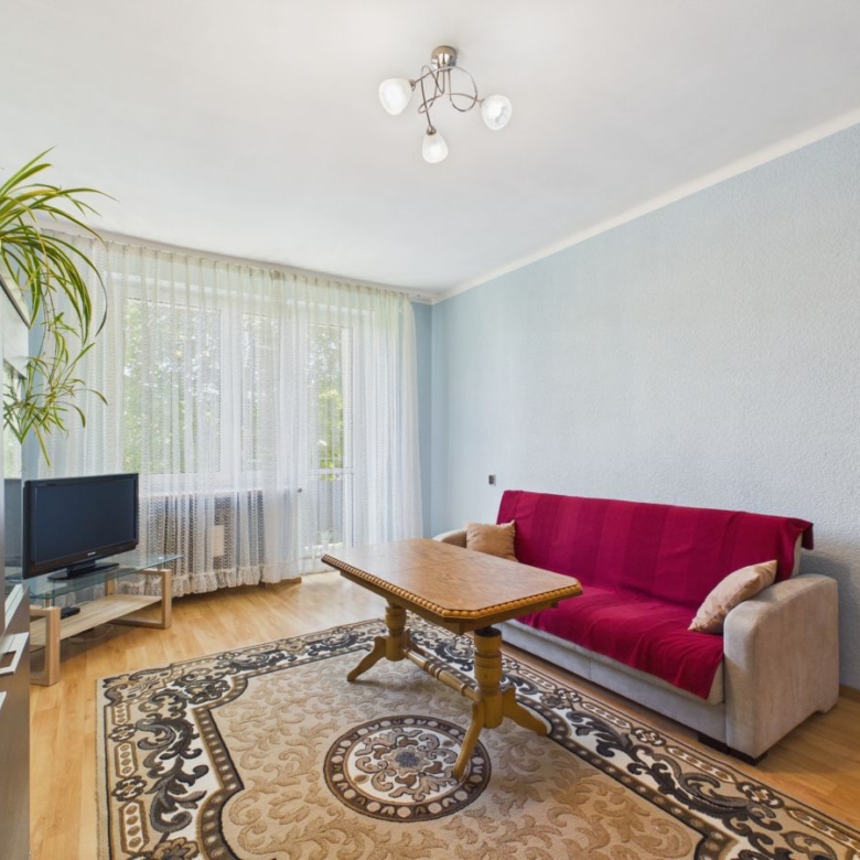 Living room with a red-covered sofa, wooden coffee table, and ornate beige rug facing a TV on a glass stand.