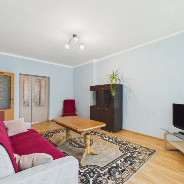 Living room with light blue walls, red sofa, wooden coffee table, patterned area rug, and TV on a glass stand opposite the sofa.