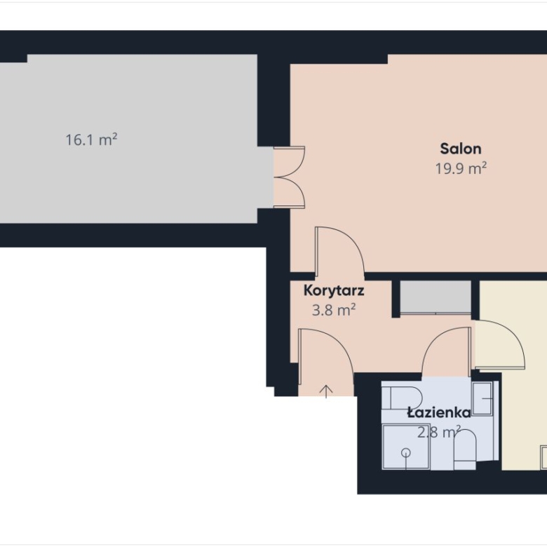 Floor plan of an apartment: living room (Salon, 19.9 m2) on the right, large left room (16.1 m2), kitchen (Kuchnia, 7.6 m2) bottom right, bathroom (Łazienka, 2.8 m2) near the entrance, connected by a 3.8 m2 corridor (Korytarz). Shows doors and layout.
