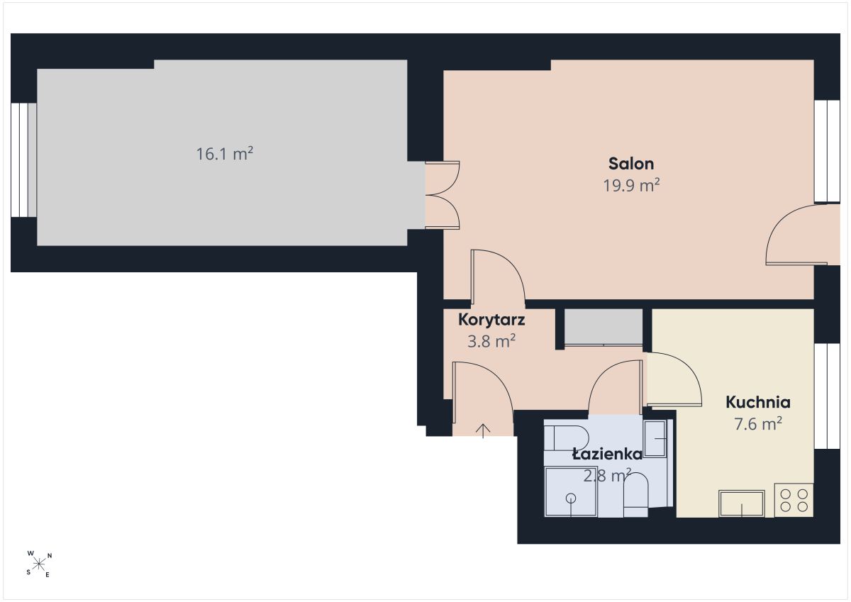 Floor plan of an apartment: living room (Salon, 19.9 m2) on the right, large left room (16.1 m2), kitchen (Kuchnia, 7.6 m2) bottom right, bathroom (Łazienka, 2.8 m2) near the entrance, connected by a 3.8 m2 corridor (Korytarz). Shows doors and layout.