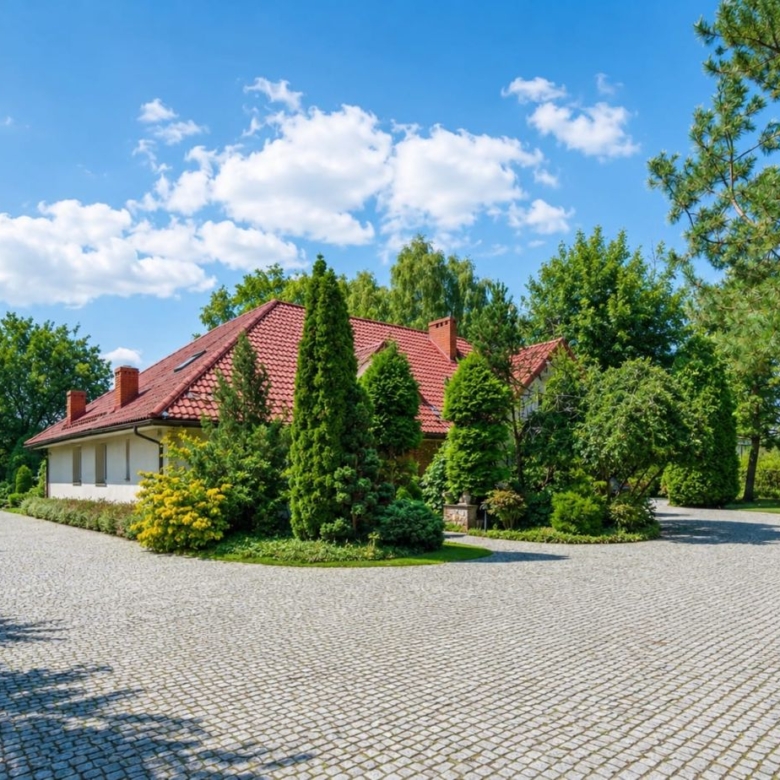 House with red-tiled roof surrounded by tall evergreen trees and a circular cobblestone driveway.