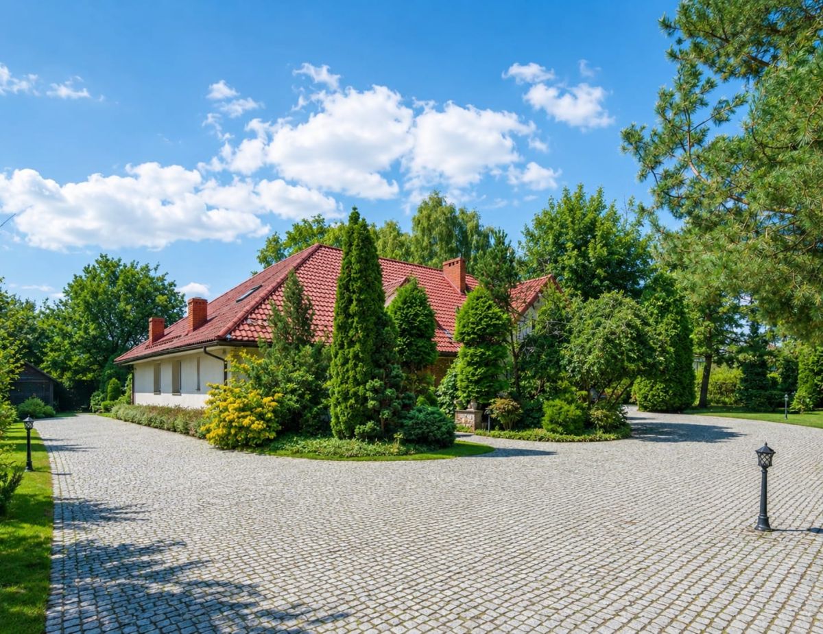 House with red-tiled roof surrounded by tall evergreen trees and a circular cobblestone driveway.