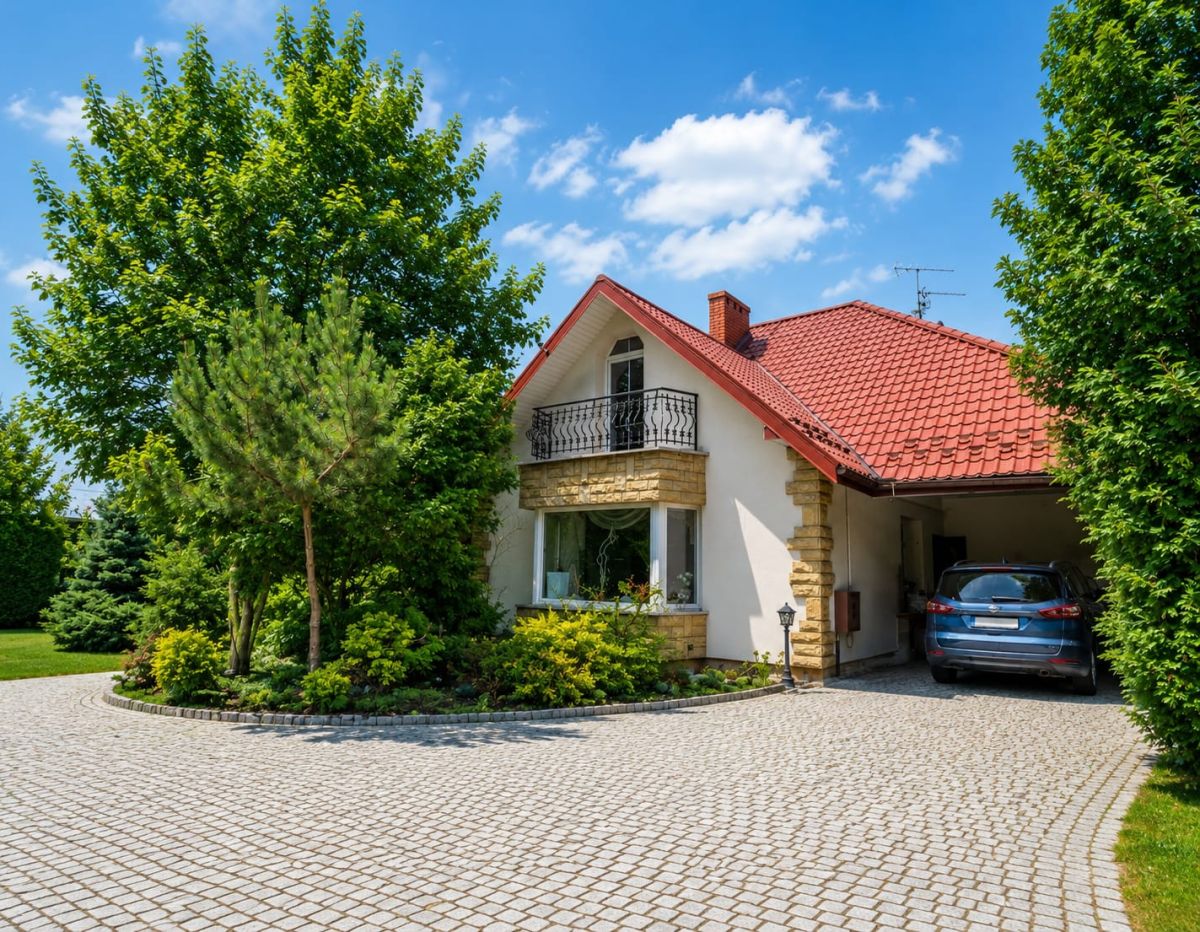Two-story house with red tiled roof, stone accents, and a driveway bordered by lush green trees under a blue sky.