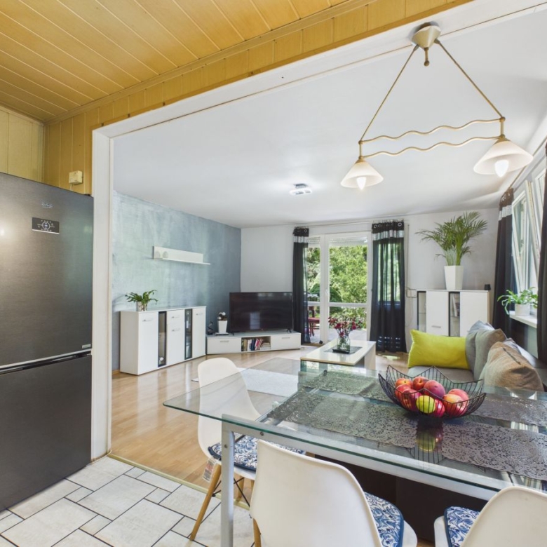 Open-plan living room seen from a glass dining table area: sofa, TV, white cabinets, plants, and large windows with black curtains in a bright, modern space.