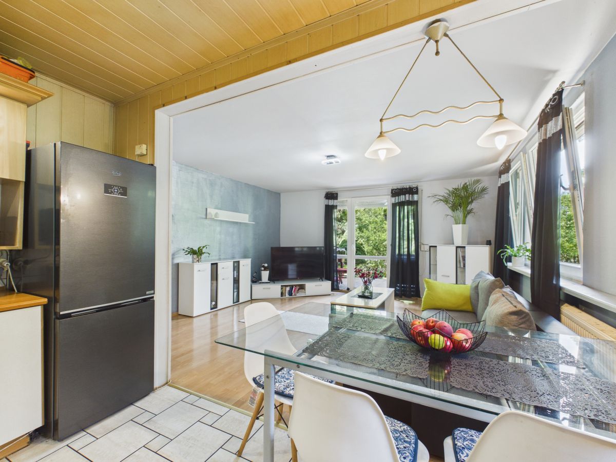 Open-plan living room seen from a glass dining table area: sofa, TV, white cabinets, plants, and large windows with black curtains in a bright, modern space.
