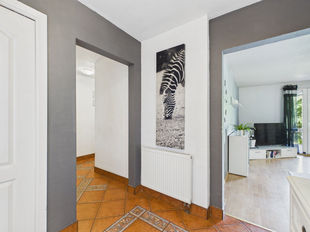 Hallway with white walls and dark gray trim, a zebra artwork on the wall, and an orange tiled floor; living room visible to the right with a TV.