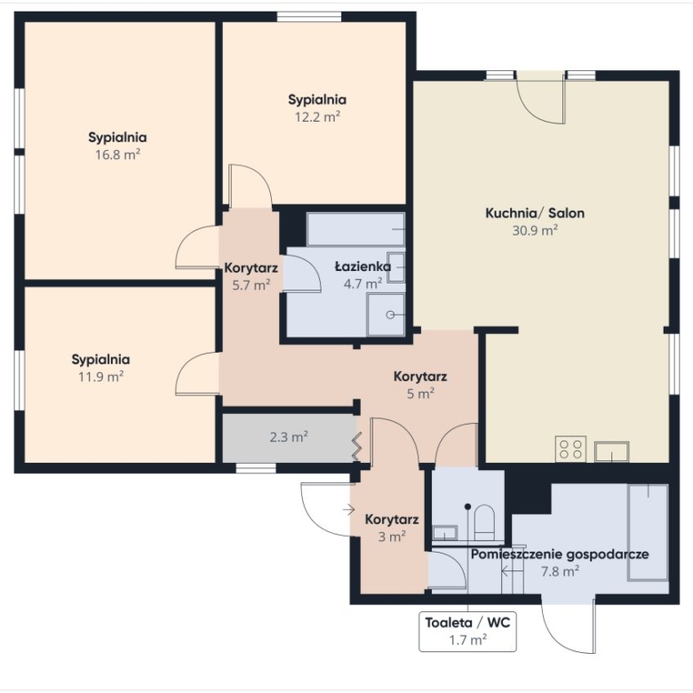 Floor plan of an apartment: three bedrooms, a large kitchen/living area, bathroom, WC, utility room, and corridors.