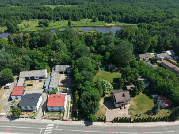 Aerial view of a small neighborhood with houses, trees, and a river in the background.