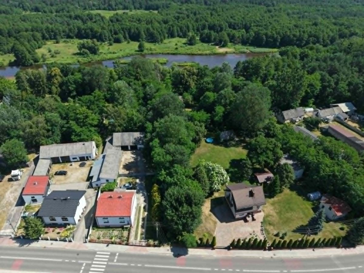 Aerial view of a small neighborhood with houses, trees, and a river in the background.