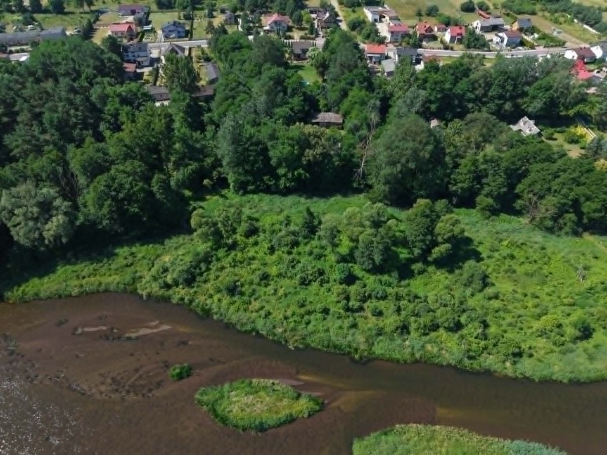 Aerial view of a winding river with dense green vegetation along its banks and houses visible in the background at the top edge of the image.