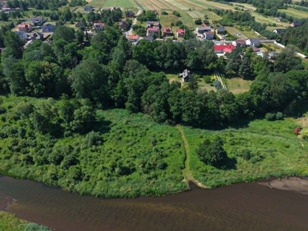 Aerial view of a riverside, with dense green vegetation along the bank and a small village of houses on a hilltop beyond the trees.