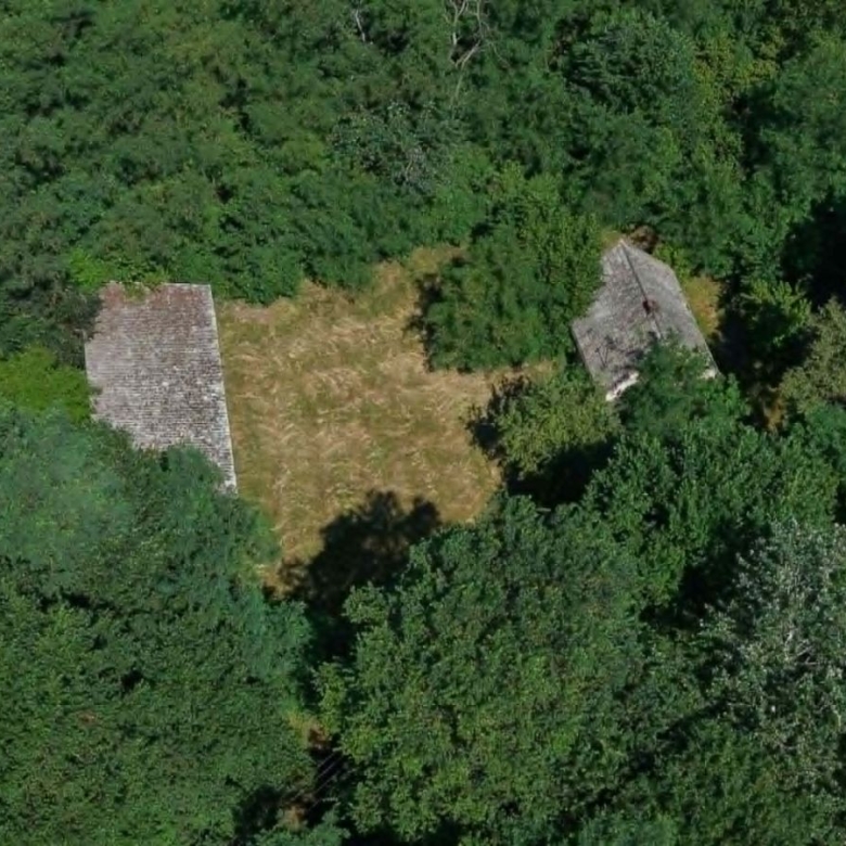 Aerial view of a small grassy clearing with two old stone buildings partially hidden by dense green trees.