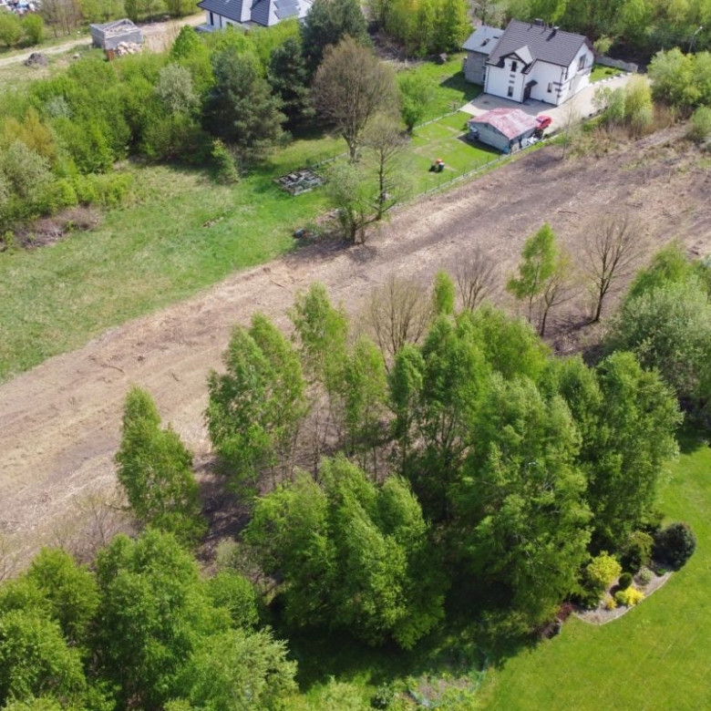 Aerial view of a rural neighborhood with green lawns, white houses, a cleared dirt strip, and a cluster of trees nearby