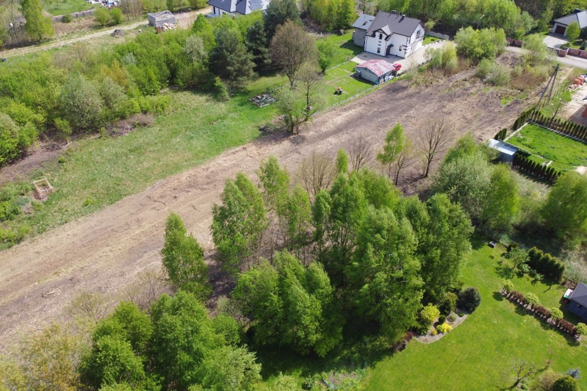 Aerial view of a rural neighborhood with green lawns, white houses, a cleared dirt strip, and a cluster of trees nearby