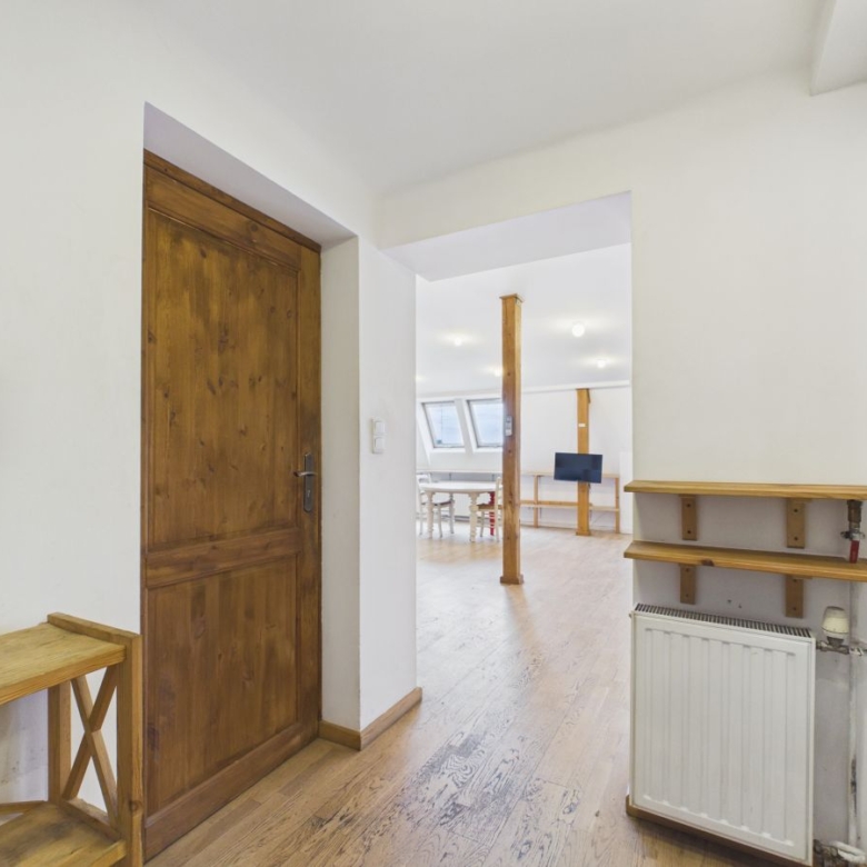 Bright hallway with a wooden door on the left, wall-mounted phone, bench, and shelving; open living area ahead.