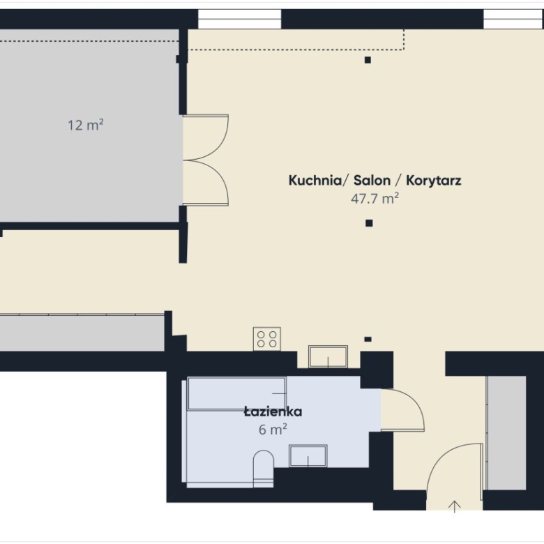 Floor plan of an apartment: large open Kuchnia/Salon/Korytarz area (47.7 m²) with a 12 m² room and a 6 m² bathroom (Łazienka); shows doorway and layout.