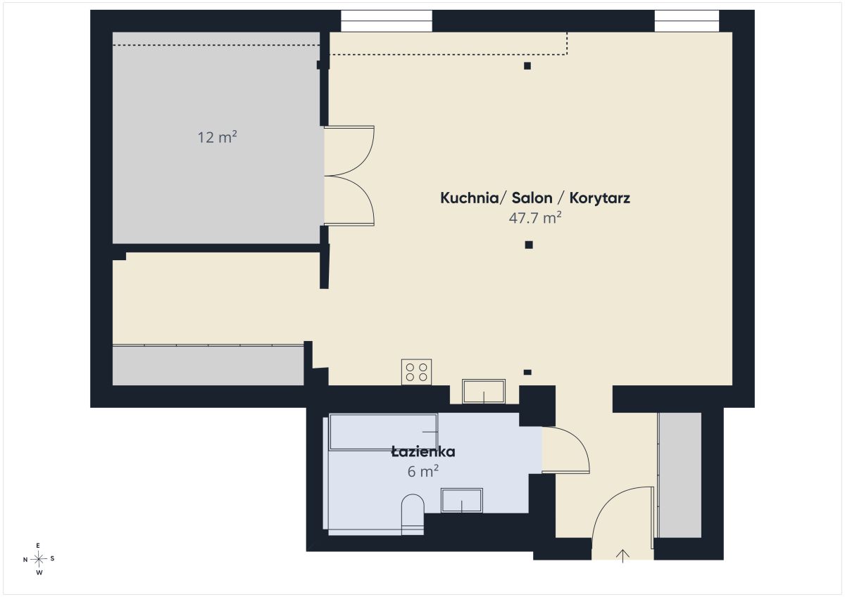 Floor plan of an apartment: large open Kuchnia/Salon/Korytarz area (47.7 m²) with a 12 m² room and a 6 m² bathroom (Łazienka); shows doorway and layout.