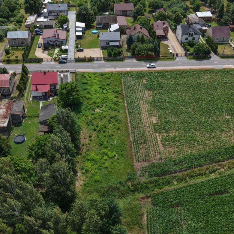 Aerial view of a small town with houses along a road next to green fields and vineyard rows on the right.”,
