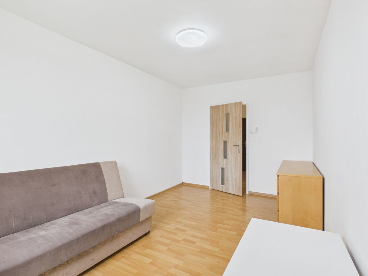 Minimalist living room with a two-tone brown sofa, light wood floor, a wooden door, and a small cabinet against white walls.